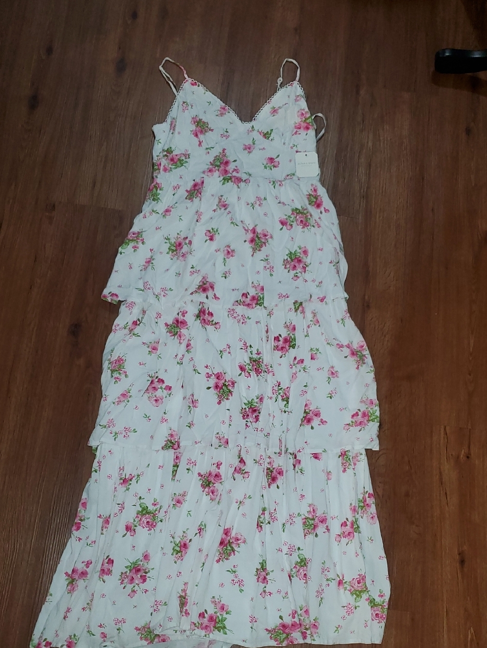 Altar'd State White Floral Tiered Maxi Dress with Pink & Green Accents